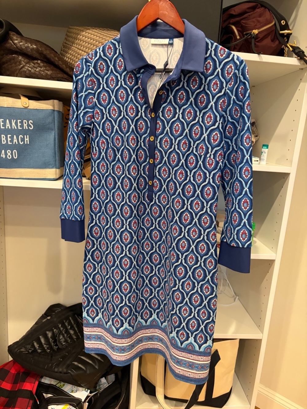 Cabana Life Navy Blue Polo Shirt Dress with Red Medallion Print